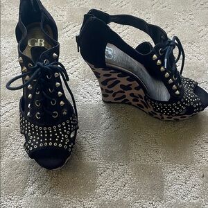 Gianni Bini Black Studded Wedge Heels with Leopard Accents